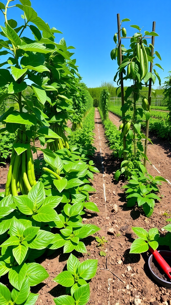 A thriving garden with green bean plants and a clear sky.